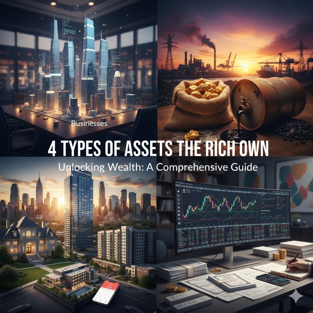 Visual guide showing 4 types of assets the wealthy own: businesses, commodities, real estate, and paper assets, with labeled images of each category