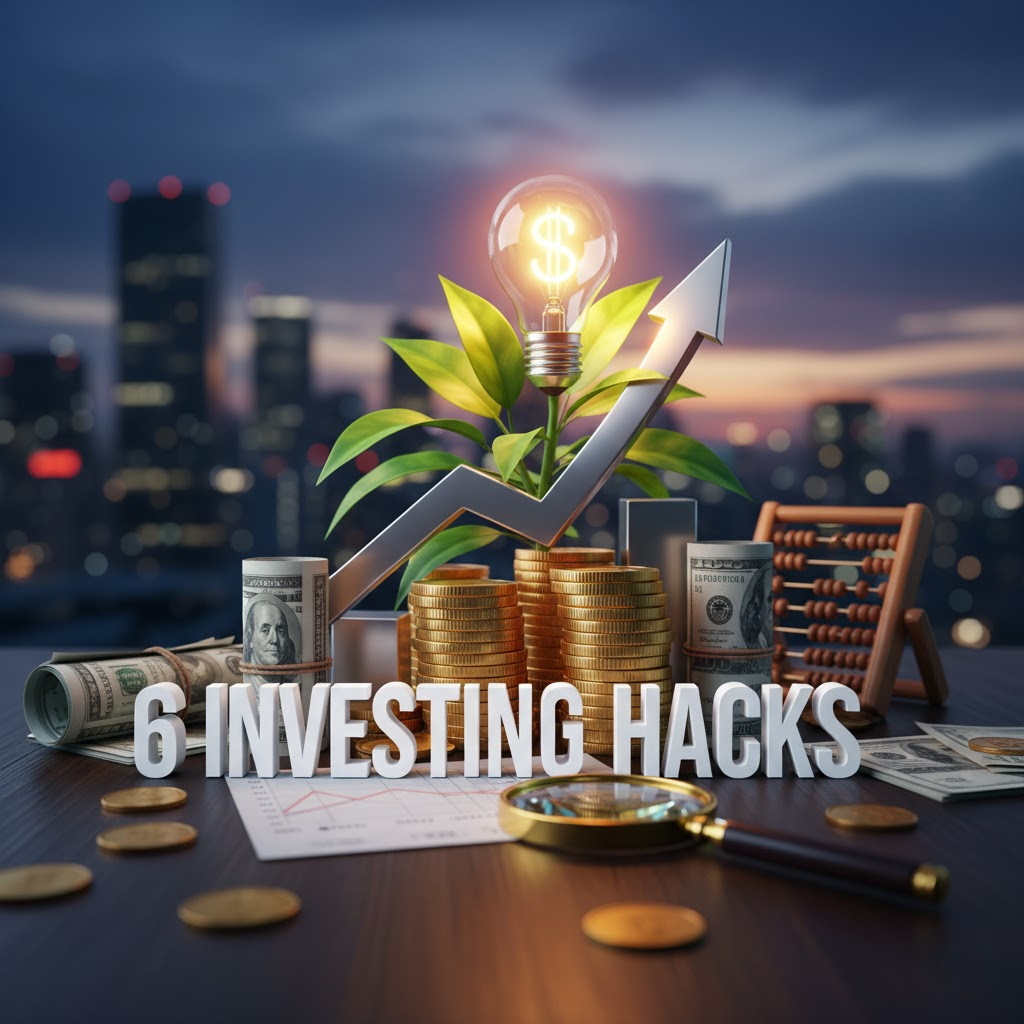 Smart money strategies visualized with coins, dollar bills, plant growth, and the text "6 Investing Hacks" in a city backdrop.