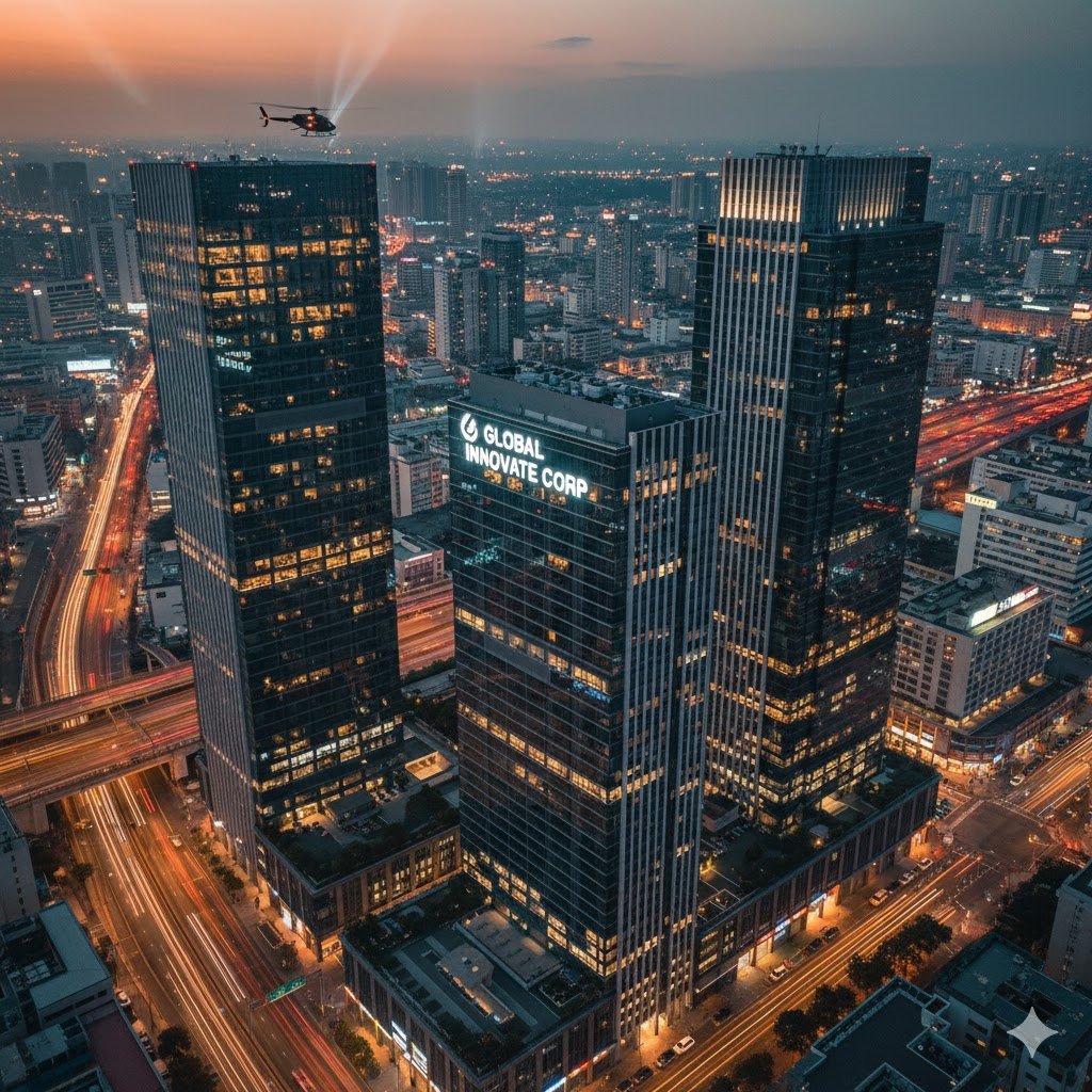 Downtown skyline at dusk with business skyscrapers and Global Innovate Corp headquarters lit up, featuring a helicopter above