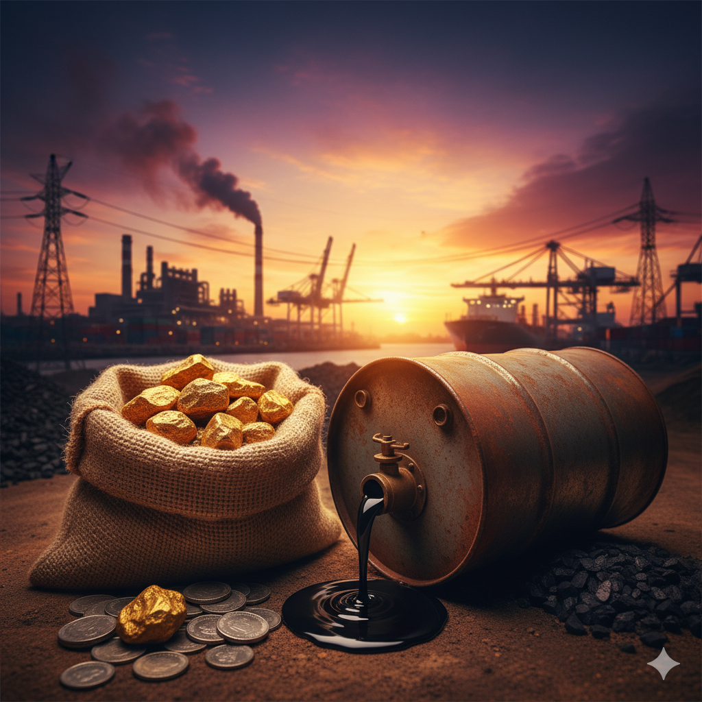 Barrel of crude oil, sack of gold nuggets, and silver coins in front of an industrial refinery and cargo port at sunset