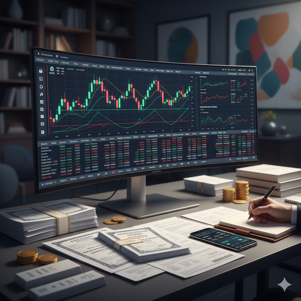 Modern trading desk with stock charts on a large monitor, stacks of paper assets like bonds and certificates, coins, and a smartphone trading app