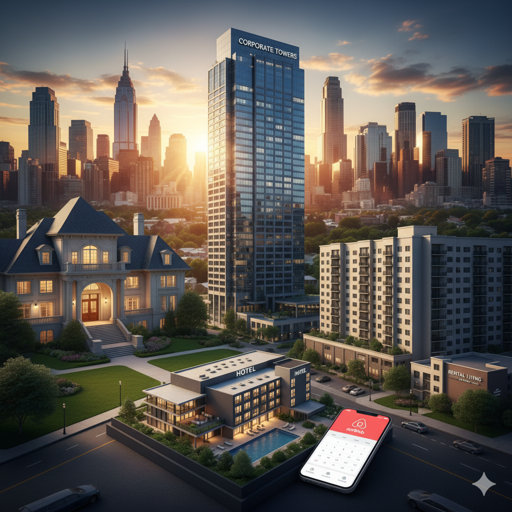 Modern real estate scene featuring luxury home, apartment complex, hotel, and corporate tower with a city skyline at sunset and a smartphone showing a property app